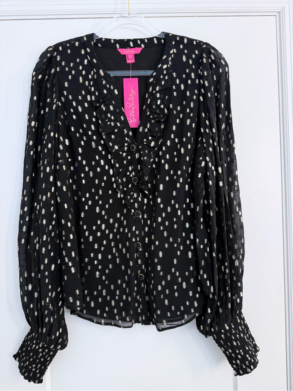 Lilly Pulitzer Rowe Long Sleeve Gold Metallic Polka Dot Top NWT